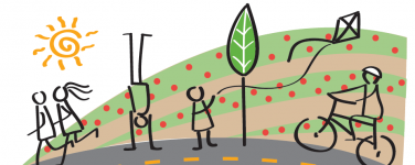 Graphic for Open Streets Watsonville with joggers, person doing handstand, person flying kite and person rideing bicycle with a sun a strawberry fields in the background and a street in the foreground