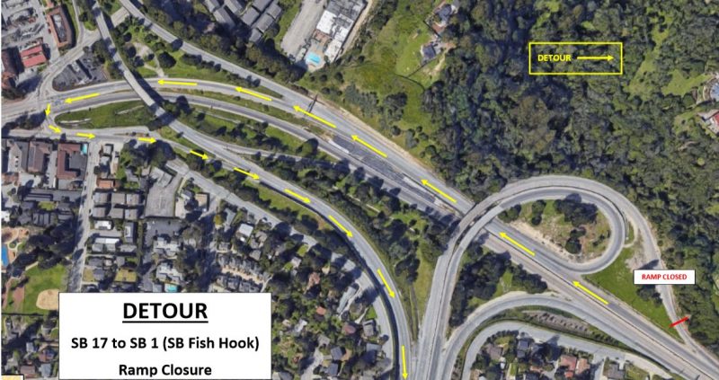 caltrans detour map for southbound fishhook connector ramp paving project